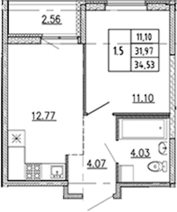 1-комнатная квартира 31.97 м², 20/22 эт., ЖК «Новые горизонты 2»